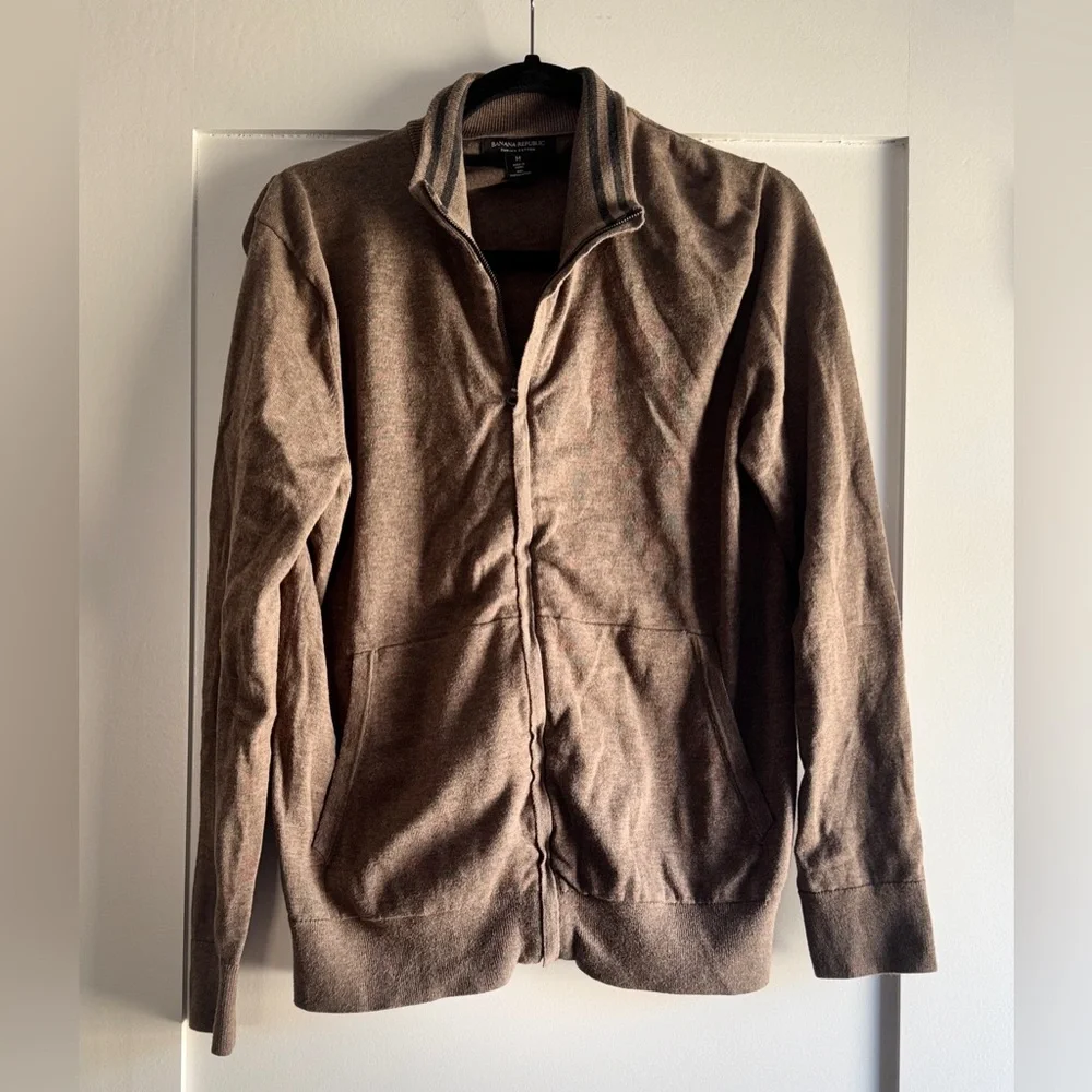 Banana Republic Brown Grandpa Sweater Full Zip Striped Collar Pima Cotton Size M